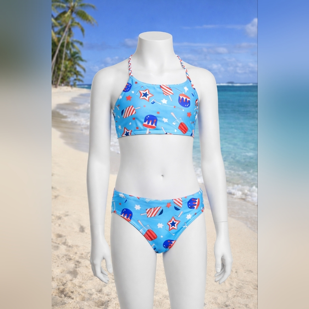 Breaking‎ Waves Girls Bikini Swimsuit Size 12 UPF 50+ Patriotic Popsicles